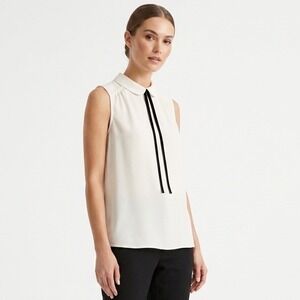 Loft Outlet White Peter Pan Collar Sleeveless Blouse Black Tie Keyhole Back S